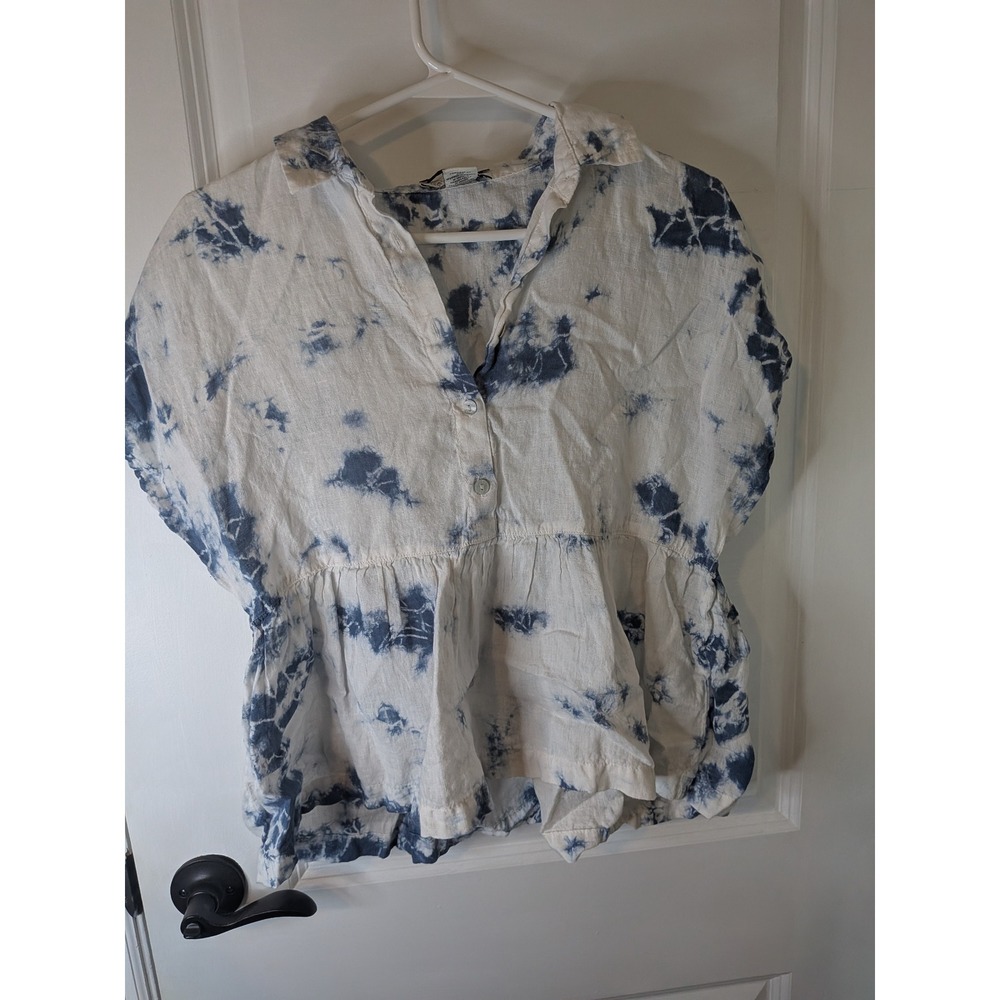 Rachel Zoe 100% Linen Tie Dye Babydoll Top Blue White XS Short Sleeve Collared